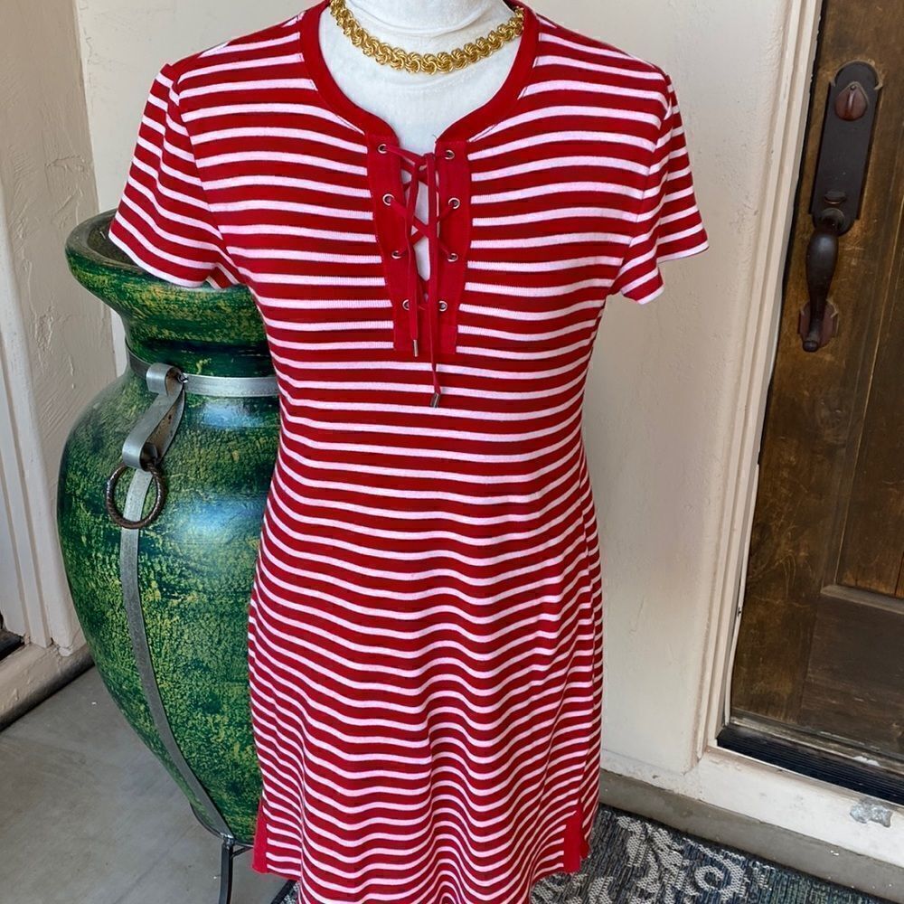 Chaps striped pullover dress with lace up front nautical look size med
